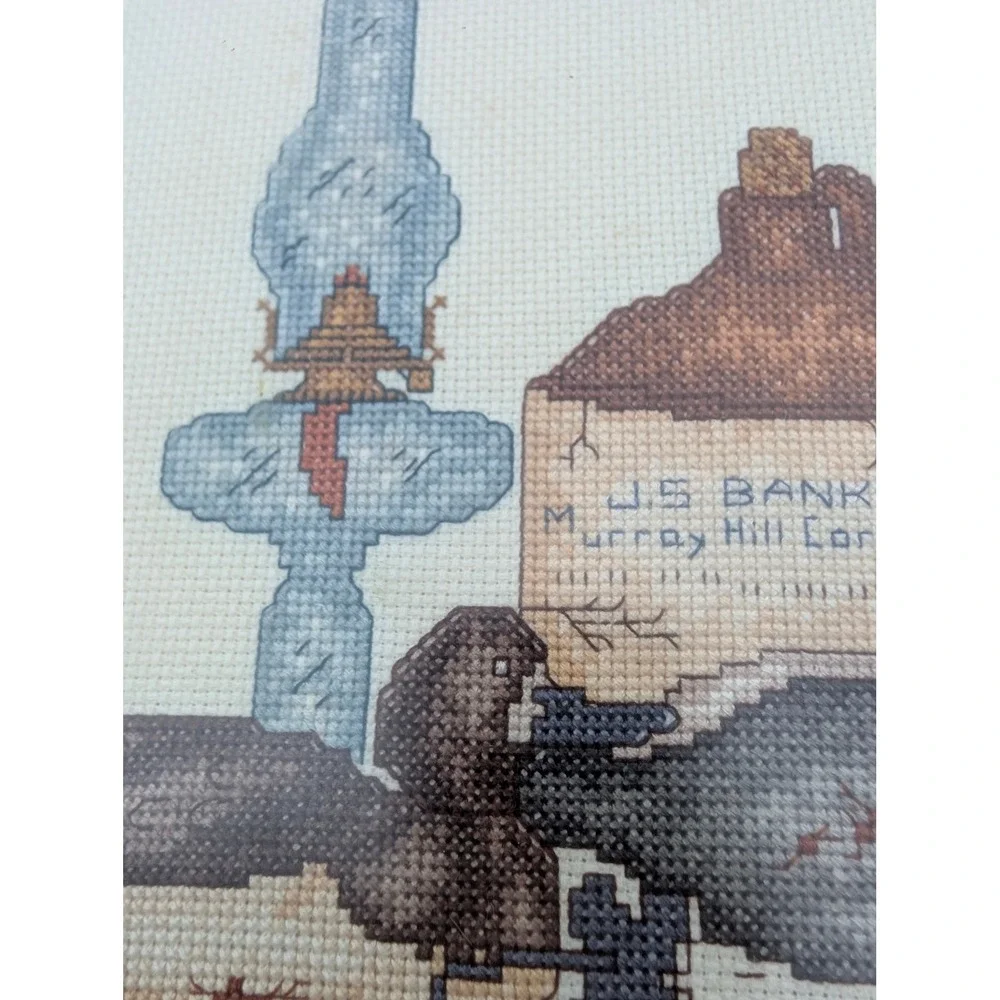 Vintage Framed Cross Stitch Duck Decoy Whiskey Jug Oil Lamp Needlepoint Art